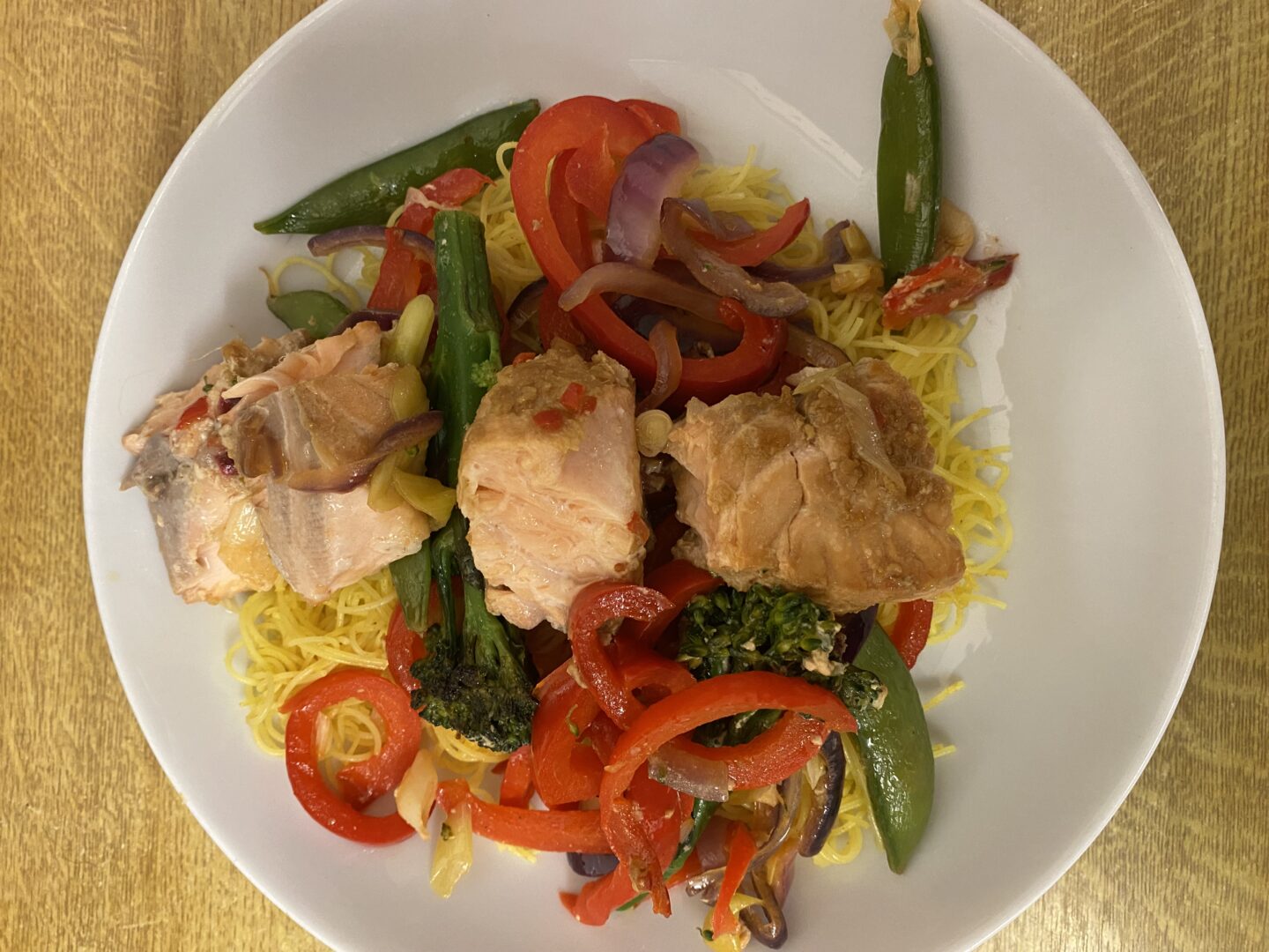 Salmon Stir Fry with Vegetables and Singapore Noodles